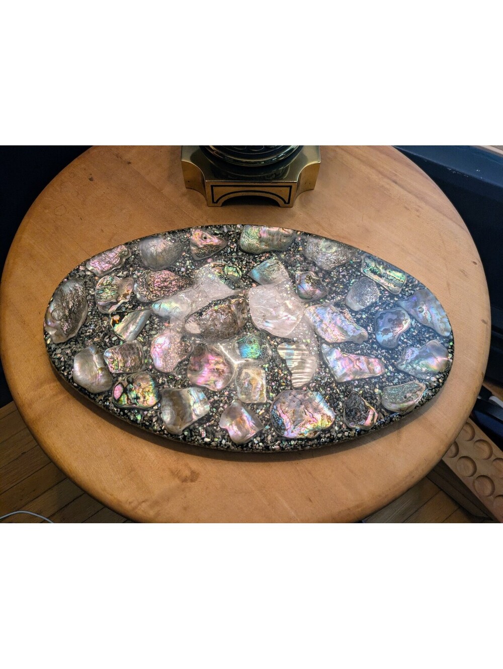 Brilliant MCM Vintage 1960s Oval Abalone Shell Resin Trivet Hot Plate, 16 x 9